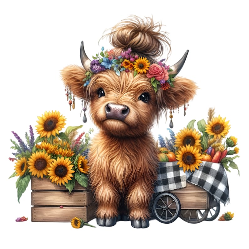 15 PNG Highland Cow Clipart, Sunflower Farm Animal Illustration Rustic ...