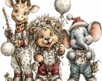 15 Giraffe Lion Elephant Christmas Png, Pajama Ornament Balloon Safari Party Clipart