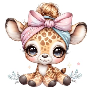Jirafa Clip Art, Messy Bun Clipart, 10 PNG lindo bebé, jirafa niña Bandana vivero imprimible, colores pastel, lindo bebé DIY tarjeta haciendo