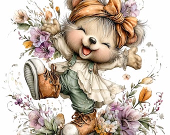 15 images clipart d'ours dansant au format PNG, fichier de sublimation de bottes joyeuses à motifs floraux