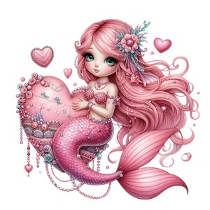 Mermaid Clipart, Heart Clip Art, 12 PNG Watercolor Valentine's Day ...