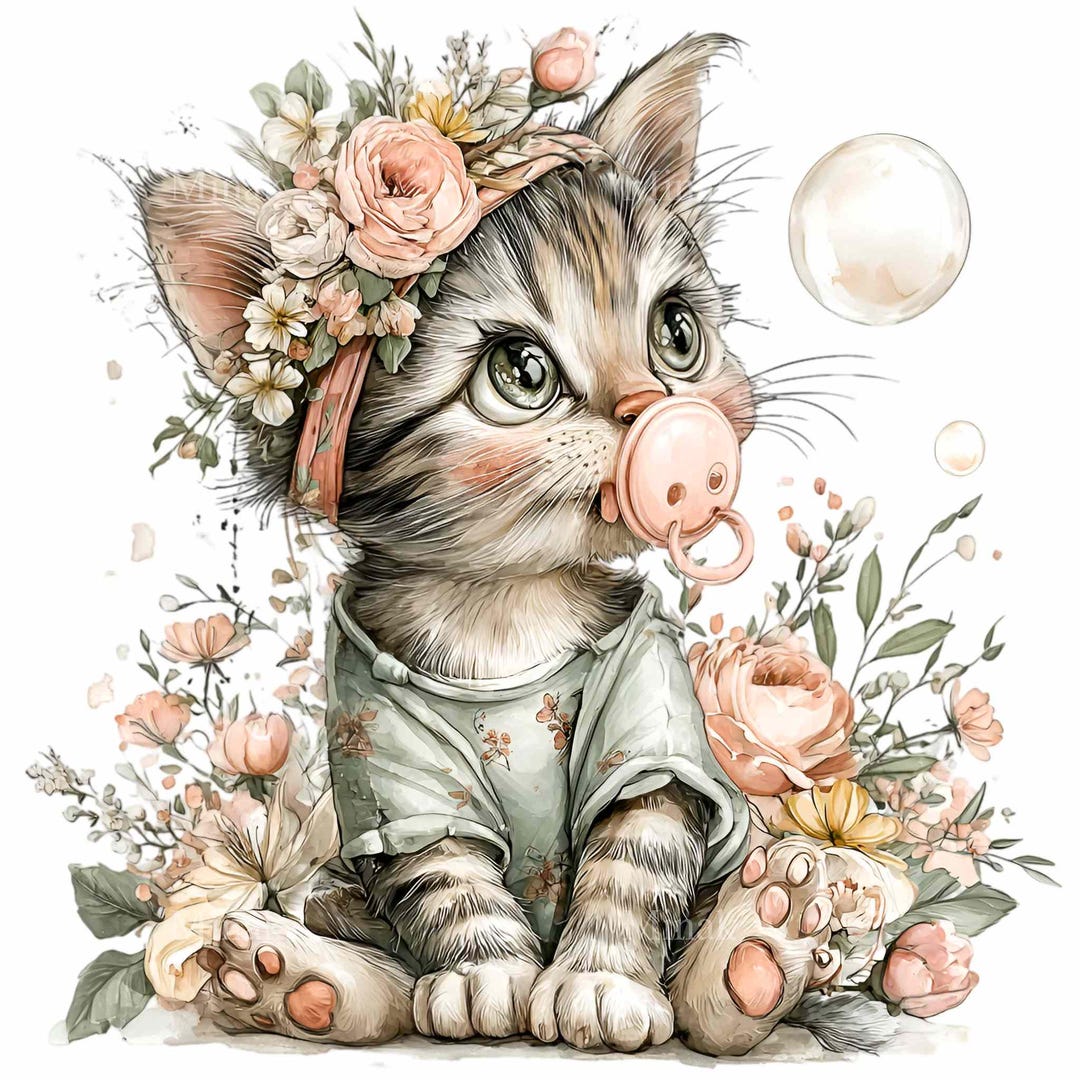 15 PNG Baby Cat Clipart, Floral Kitten Illustration, Nursery Animal ...