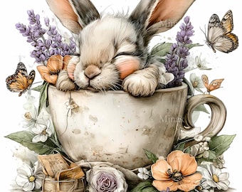 Op de afbeelding: Een aquarel illustratie van een slapend konijn genesteld in een theekopje, omringd door bloemen en vlinders. Het konijn heeft grijze vacht, roze wangen en lange oren. De theekop is wit met een bruin oor, en de bloemen zijn oranje, paars en wit.