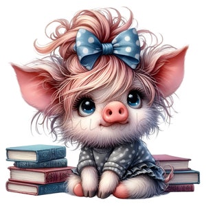 15 imágenes PNG de cerditos adorables con lazo, libros, vestido de lunares, ojos grandes y una cerdita inteligente para sublimación y manualidades.
