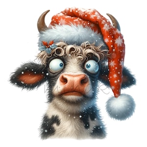 12 png grappige kerstkoe clipart, cartoon koe met kerstmuts png, vakantie koe gezicht kunst, boerderij dieren kerst decor