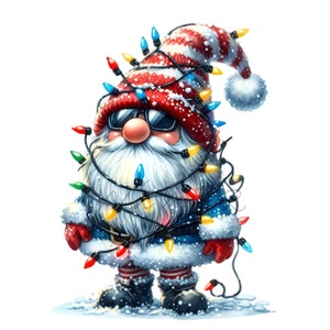 12 cliparts de nain enchevêtré PNG - nain de Noël drôle PNG - dessin animé de lumières de Noël pour cartes, travaux manuels et projets de sublimation festifs