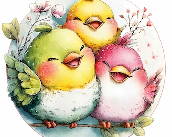 15 imágenes prediseñadas PNG de tres pajaritos, gráfico de rama de primavera