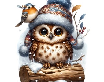 15 Gufo invernale in formato PNG, Cappello di lana blu in clipart, Grafica di animali del bosco innevato