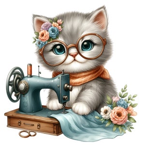 子猫のクリップアート、12 PNG 猫の裁縫工芸、裁縫師のミシン、昇華印刷可能なカード作り、ベビーシャワー、イラストグラフィック