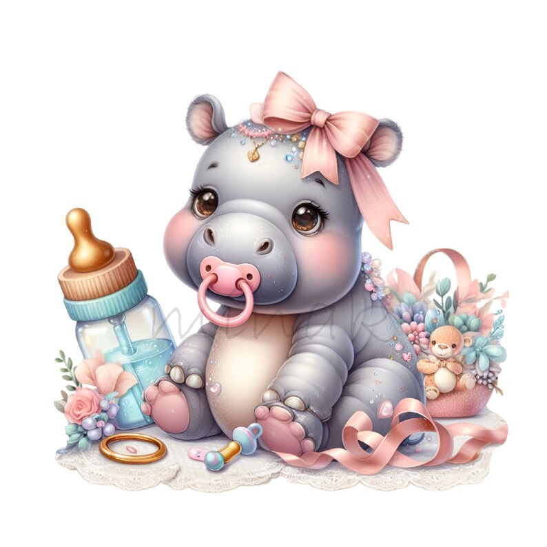 Baby Hippo Clipart – Cute Animal PNG – Nursery Illustration for Baby Shower, Girl Room Decor, Invitations, Wall Art