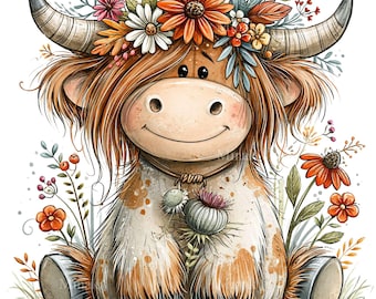 12 PNG Sitting Highland Cow, Autumn Floral Calf Clipart Sublimation