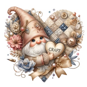 12 PNG Quilt heart gnome – craft PNG clipart – sewing scrapbook art for crafters, DIY projects, handmade gift decoration, digital download