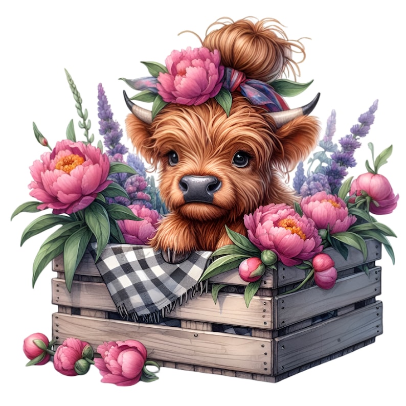 K&ouml;nnte beinhalten: Ein Highland-Rindkalb mit einer rosa Blumenkrone sitzt in einer Holzkiste mit rosa Pfingstrosen und Lavendelbl&uuml;ten.