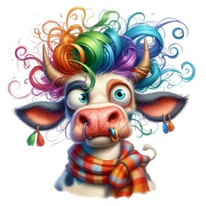 15 Clipart PNG di mucca dai capelli arcobaleno / Divertente mucca colorata con piercing e sciarpa / Arte digitale di animali da fattoria stravaganti per l'artigianato