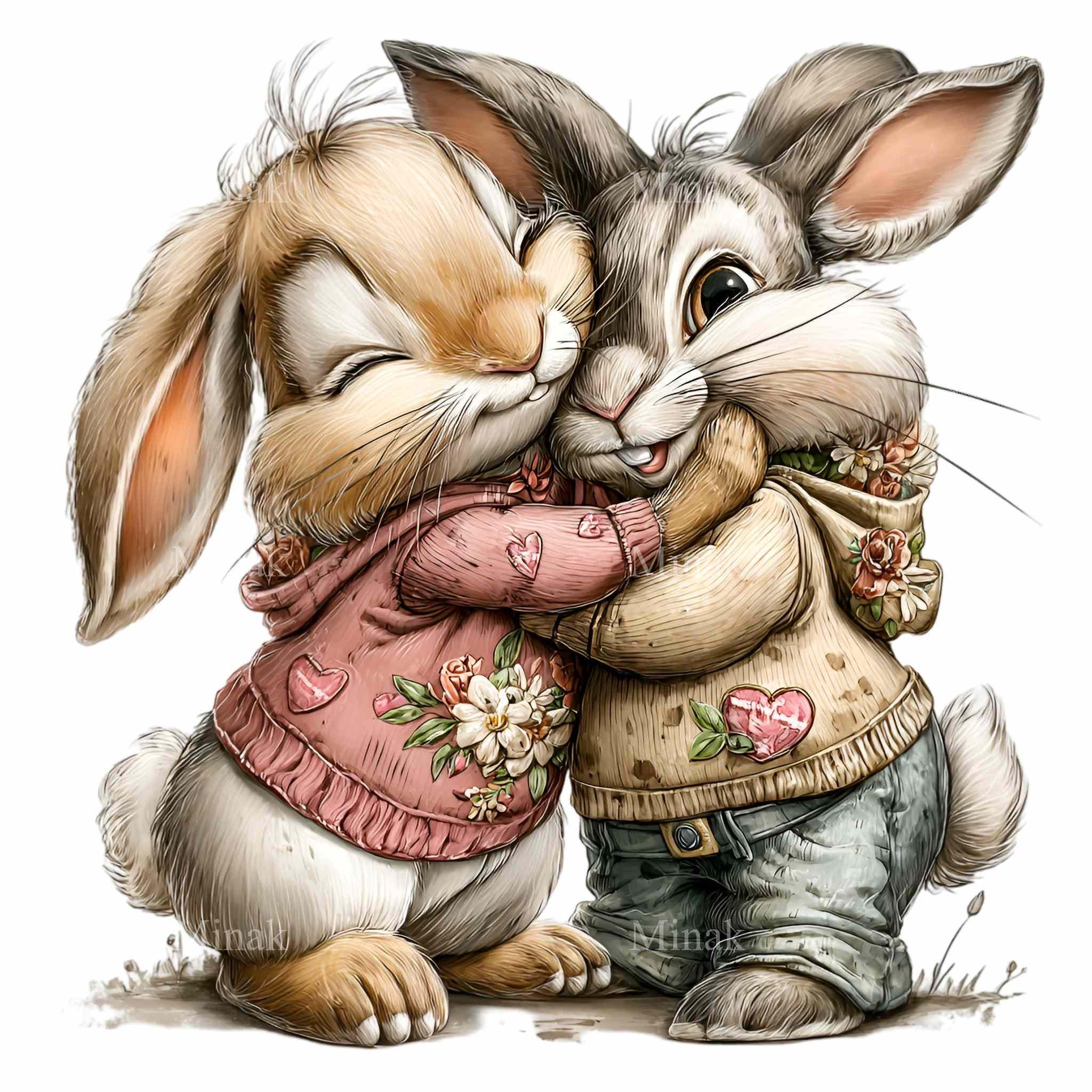 15 PNG Bunny Couple Clipart – Hugging Rabbits Watercolor Friends ...