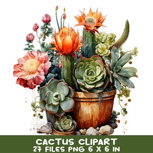 27 Cactus Clipart Bundle PNG, Succulent and Cactus Floral Elements, Watercolor Garden Plants, Digital Download 6x6 Inch