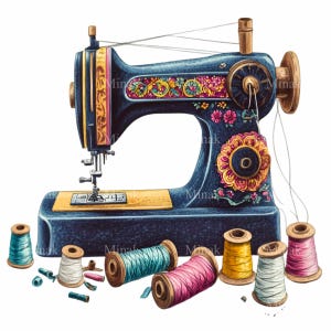 May include: A vintage blue sewing machine with floral designs and gold accents. The machine is surrounded by spools of thread in various colors, including pink, yellow, white, and blue.