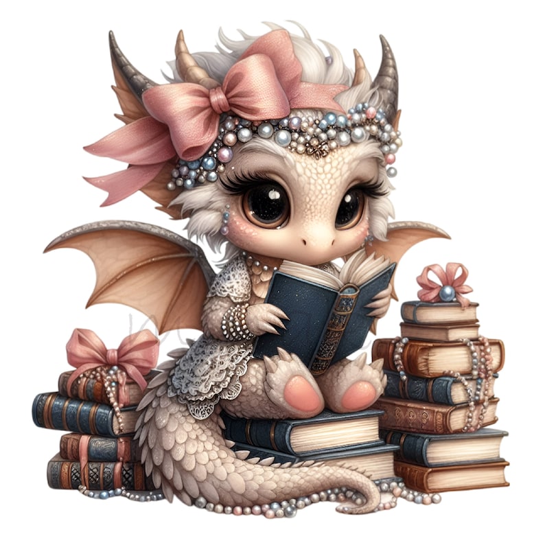 K&ouml;nnte beinhalten: Ein wei&szlig;er Drache mit rosa und blauen Akzenten, der eine Perlenkette und eine rosa Schleife tr&auml;gt, sitzt auf einem Stapel B&uuml;cher und liest ein Buch.