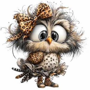 Könnte beinhalten: Ein skurriler Cartoon-Eule mit großen, ausdrucksstarken Augen und einem braun-weißen gefiederten Körper. Sie trägt eine Schleife mit Leopardenmuster, einen Tutu-Rock und passende Stiefel. Die Eule hat ein flauschiges Aussehen und einen verspielten, liebenswerten Ausdruck.