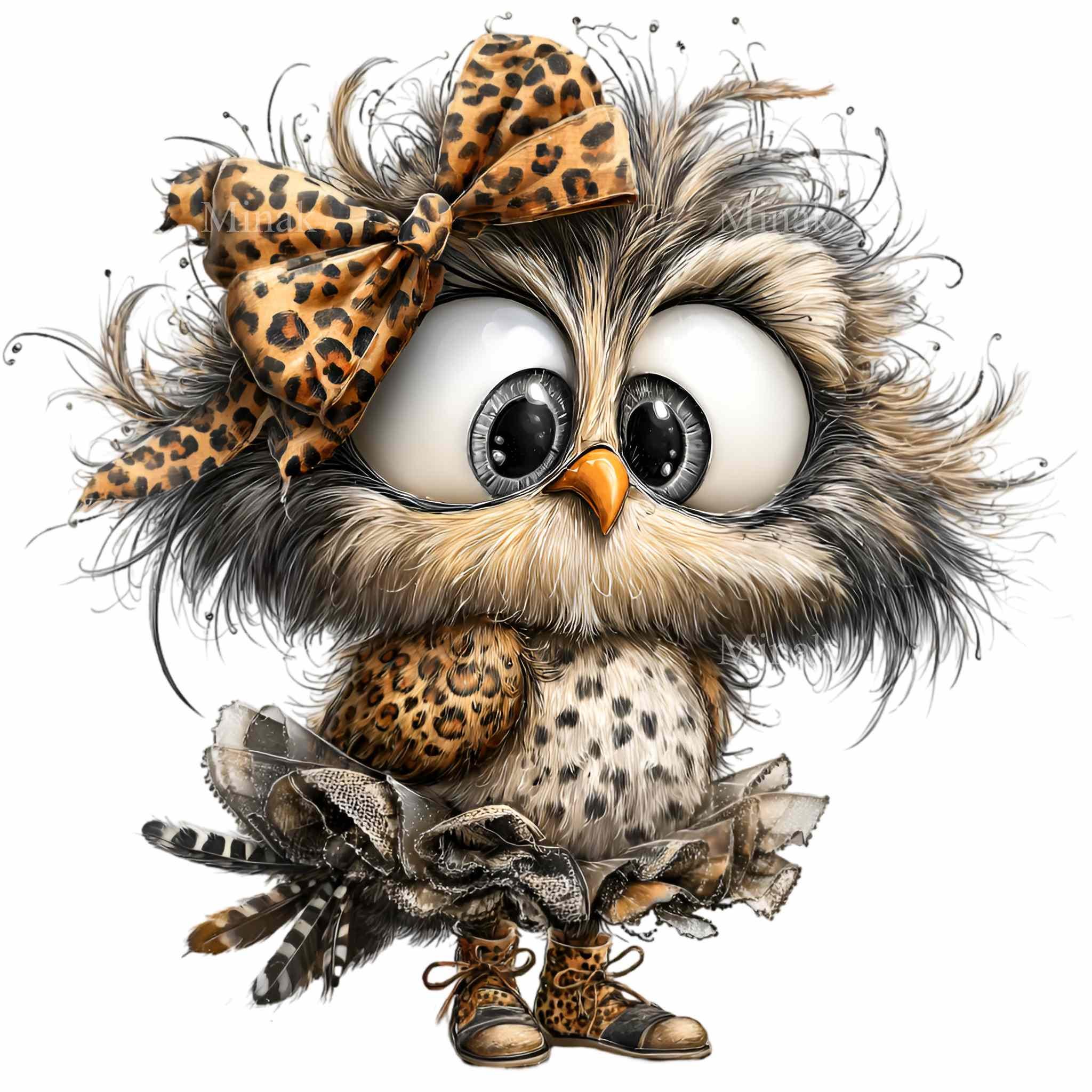 15 PNG Leopard bow owl clipart – Cute bird PNG – Digital download for kids crafts, nurse
