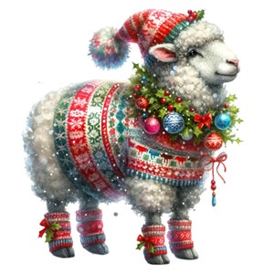 12 imágenes PNG de ovejas navideñas: adorable oveja lanuda con suéter festivo, gorro de Papá Noel, adornos, guirnalda de acebo y calcetines de nieve.