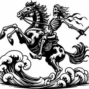 6 SVG cavalier squelette SVG, cheval d'eau sombre couper fichier, clipart squelette gothique, silhouette d'étalon de mer fantasmagorique pour Halloween