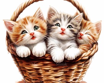 12 imágenes PNG de tres gatitos, cesta de gato en acuarela, arte floral para mascotas.