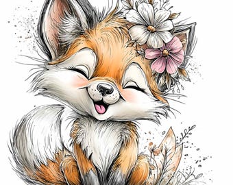 12 PNG Floral Fox Smiling, Baby Woodland Animal Clipart