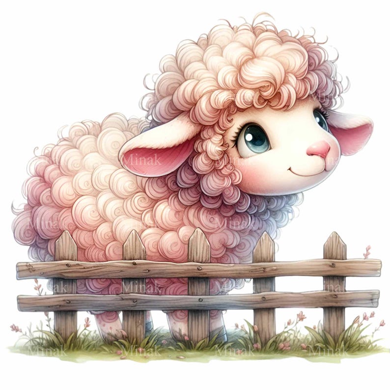 May include: A fluffy white and pink lamb with blue eyes stands behind a wooden fence. The lamb is looking to the right of the image.