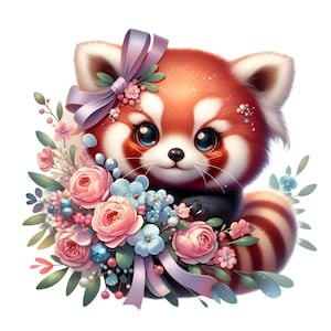 10 Panda roux floral PNG - Clipart PNG de panda mignon - Animal avec des fleurs pour l'art de la chambre d'enfant, des autocollants, des invitations et des projets d'artisanat pour enfants