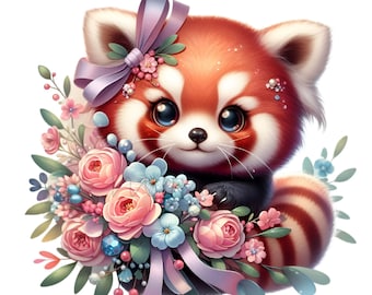 10 Red Panda Floral Png Purple Bow Animal, Forest Pet Sublimation Graphic Art
