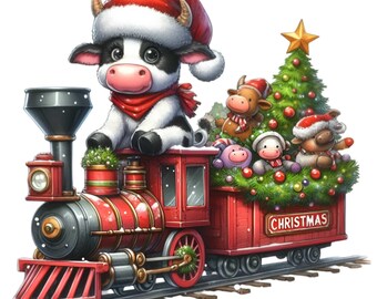 14 Christmas Express Cow Png, Steam Train Holiday Cattle Graphic Art