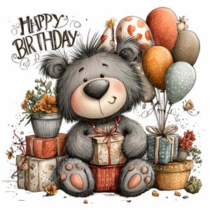 10 clipart de urso de aniversário PNG - festa de animais fofos png - design de cartão infantil, etiquetas de presente, convites, scrapbooking, arte de sublimação