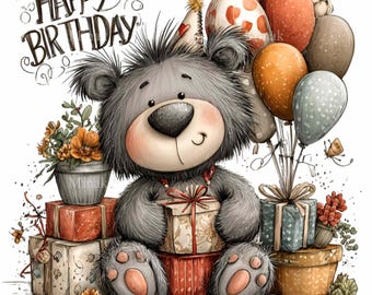 10 clipart de urso de aniversário PNG - festa de animais fofos png - design de cartão infantil, etiquetas de presente, convites, scrapbooking, arte de sublimação