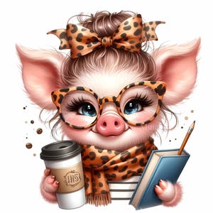 12 imágenes prediseñadas de cerdo con café, un lindo cerdito con gafas de leopardo y lazo, sosteniendo un cuaderno y un lápiz, arte de sublimación de otoño.