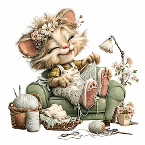Peut inclure: Illustration fantaisiste d'un chat orné d'une couronne florale, tricotant sur un canapé vert. La scène comprend de la laine, des paniers et une lampe, créant une ambiance chaleureuse et artisanale. Le chat porte une salopette.