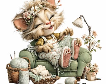 12 PNG Stricken Kätzchen Clipart, Blumen Handwerk Katzengarn Hobby