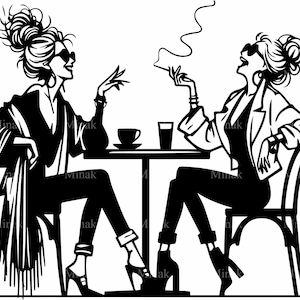 8 SVG Coffee Date SVG File di taglio, due donne che chiacchierano al tavolo del bar, amiche caffè Clip Art Silhouette per Cricut
