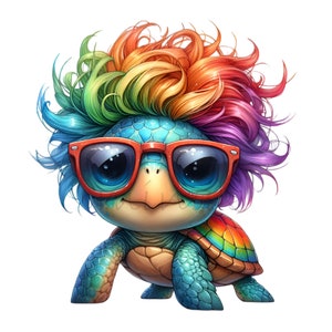 May include: A cartoon turtle with a rainbow mohawk and red sunglasses. The turtle is wearing a blue and green shell with a rainbow pattern.