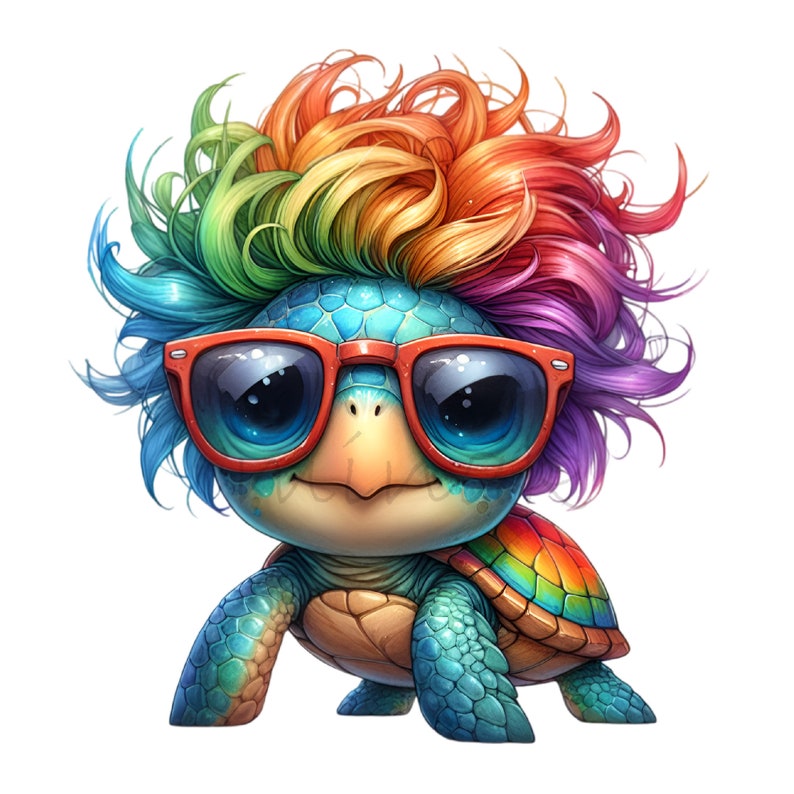 May include: A cartoon turtle with a rainbow mohawk and red sunglasses. The turtle is wearing a blue and green shell with a rainbow pattern.