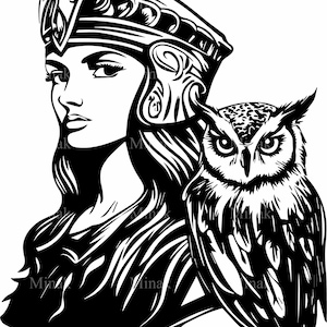 4 SVG Mujer con búho SVG, archivo de corte de diosa de fantasía, clipart de guerrero místico, silueta real para Cricut