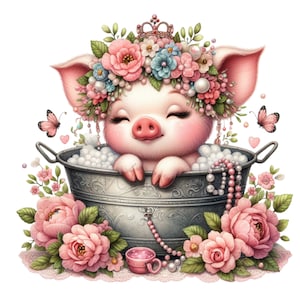 Clipart secchio, clipart maiale PNG, 10 acquerello carino maialino vasca da bagno Clip Art, corona principessa stampabile, maialino carino pastello, creazione di cartoline fai da te