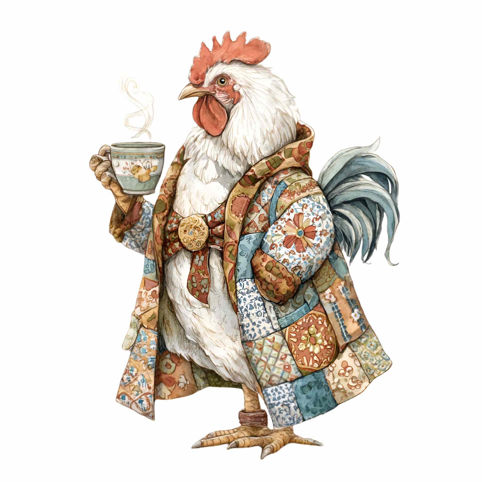 Rooster Robe 16 PNG Chicken in Robe Clipart, Funny Hen Drinking Coffee, Patchwork ...