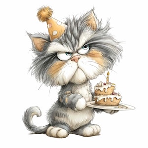 15 PNG Grumpy Cat Birthday Clipart, Funny Kitten Cake Sublimation