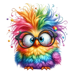 15 Regenbogen Eule PNG Clipart | Lustige Eule mit verrückten Haaren und Brille | Bunter Vogel Cartoon Kunst