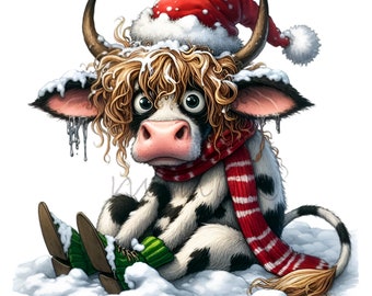 14 PNG Snow Cow Scarf Clipart, Winter Holiday Farm Animal Graphics