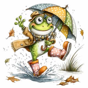 15 PNG Rainy day frog – Cute umbrella PNG – Fall animal clipart for kids crafts, planner stickers, nursery prints and seasonal decor