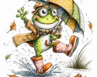 15 PNG Autumn Rain Frog Clipart, Umbrella Splash Fall Graphic