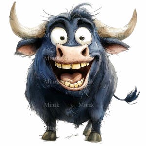 15 Funny Bull Clipart PNG - Cartoon Black Bull with Big Smile - Quirky Animal Digital Download Art