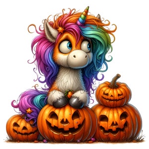 12 PNGカボチャユニコーンクリップアート – ハロウィンレインボーホースPNG – 子供の工作、カード、パーティーの装飾に最適なかわいい秋の昇華転写